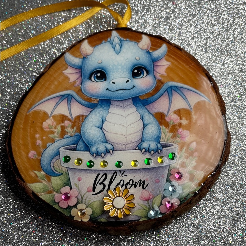 Hand Crafted Blue Dragon Ornament with Yellow Ribbon - Picture 1 of 11